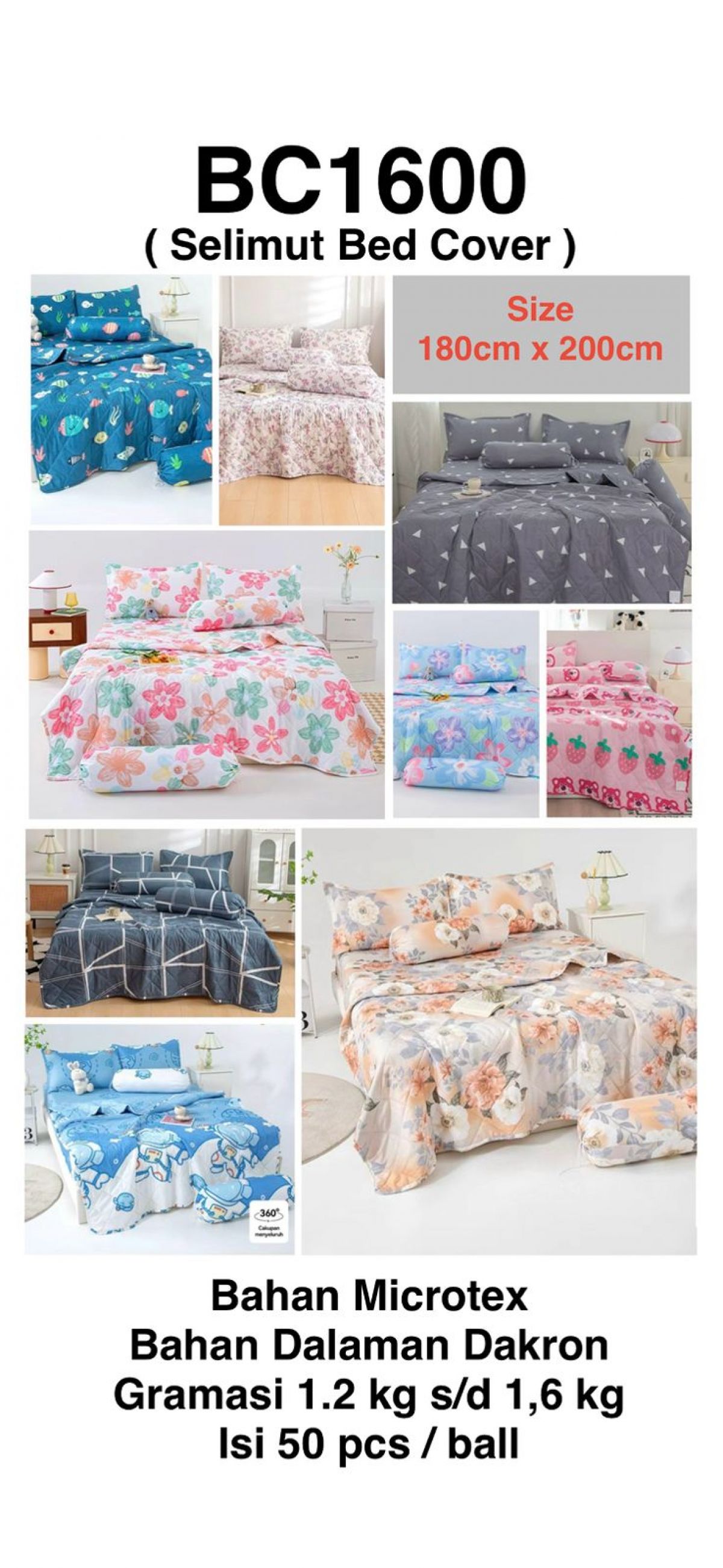 SELIMUT BEDCOVER BC1600 BAHAN MICROTEX ISI DAKRON SIZE 180CM * 200CM GRAMASI 1.6KG ISI 50 PCS
