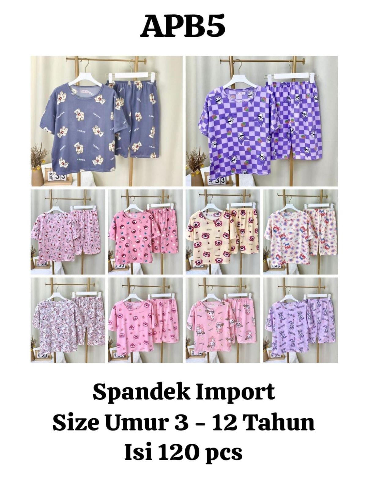 BAJU TIDUR SPANDEK IMPORT ANAK 3/4 APB5  SIZE UMUR 3 - 12 TAHUN ISI 120 PCS