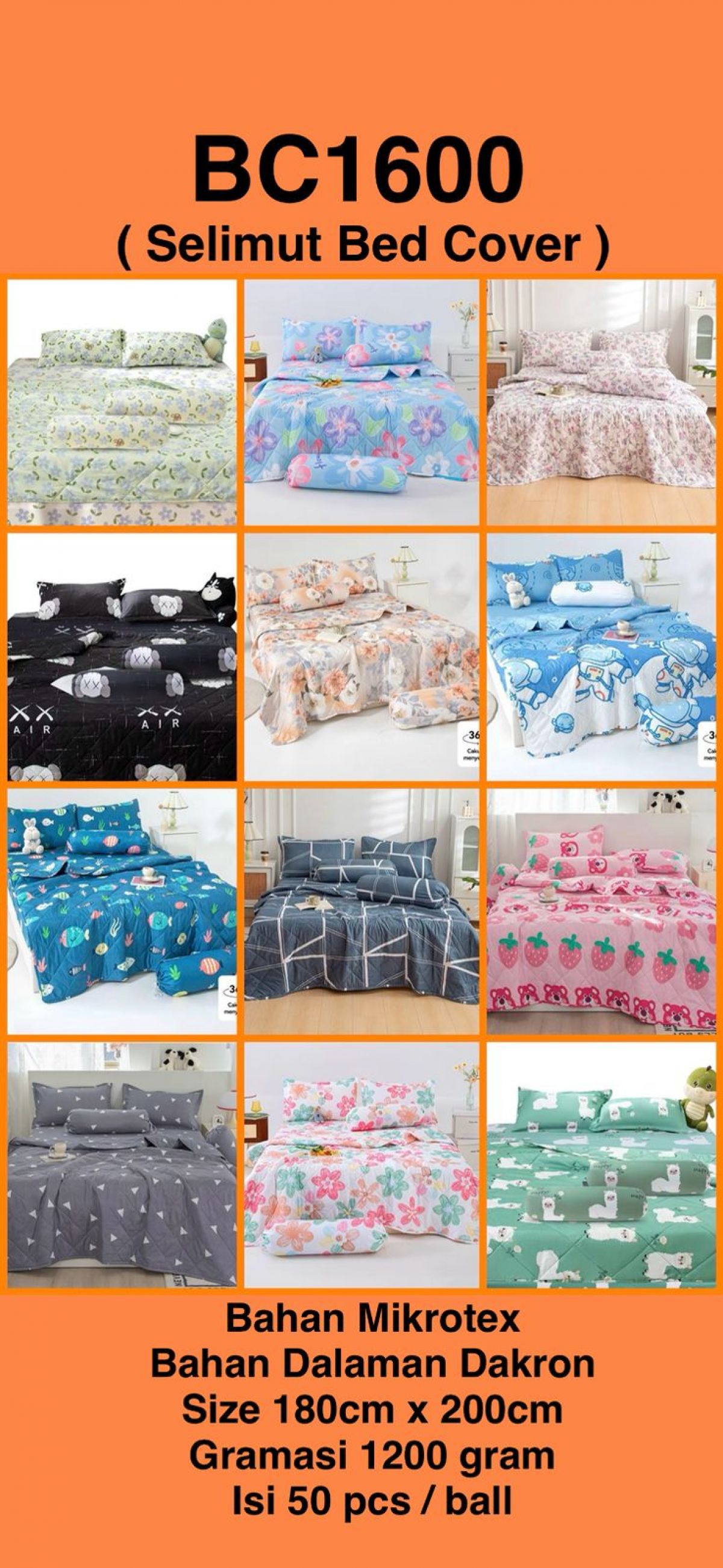 SELIMUT BEDCOVER BC1600 BAHAN MICROTEX ISI DAKRON SIZE 180CM * 200CM GRAMASI 1.2KG ISI 50 PCS